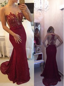 Gorgeous Mermaid Burgundy Scoop Neckline Beading and Appliques and Bowknot Prom Dresses Sleeveless Zipper