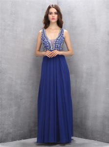 Simple Royal Blue Sleeveless Floor Length Beading Zipper Prom Evening Gown