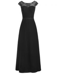 Noble Floor Length Black Prom Dresses Scoop Cap Sleeves Zipper
