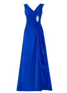 Royal Blue V-neck Zipper Beading Evening Dress Sleeveless