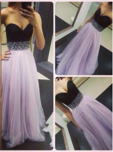 Floor Length Lavender Homecoming Dress Tulle Sleeveless Beading