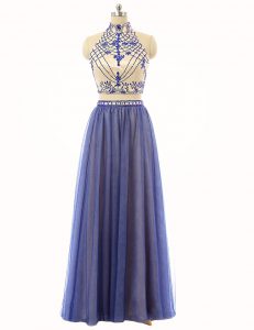 Wonderful Sleeveless Tulle Floor Length Zipper Prom Gown in Blue with Beading