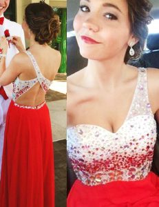 Classical One Shoulder Beading Evening Gowns Red Backless Sleeveless Floor Length