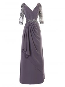 Dramatic Grey Long Sleeves Beading and Appliques and Ruching Floor Length Mother Of The Bride Dress