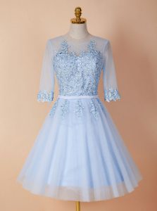 Colorful Light Blue Mother Of The Bride Dress Prom and For with Appliques Scoop Half Sleeves Backless