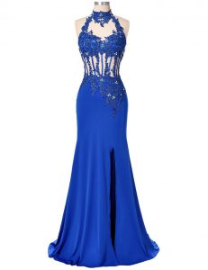 Royal Blue Evening Dress Prom and For with Beading and Appliques High-neck Sleeveless Backless