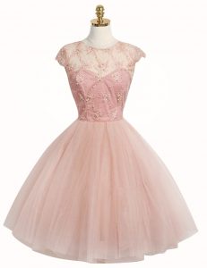 Exquisite Scoop Pink A-line Appliques Evening Dress Zipper Tulle Cap Sleeves Knee Length