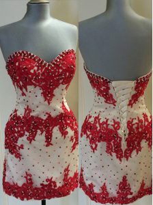 White And Red Sweetheart Lace Up Appliques Celebrity Dress Sleeveless