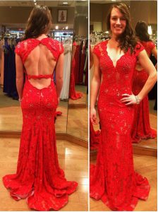 Designer Red Mermaid Lace Homecoming Dress Backless Lace Cap Sleeves With Train