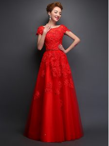 Scoop Red Lace Up Prom Dress Beading and Appliques Cap Sleeves Floor Length