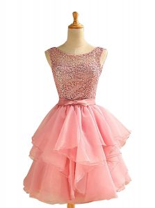 Fashionable Scoop Pink Lace Up Dress for Prom Lace and Ruching Sleeveless Knee Length