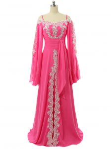 Captivating Sequins Spaghetti Straps Long Sleeves Sweep Train Zipper Mother Of The Bride Dress Hot Pink Chiffon