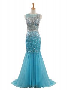 Mermaid Sleeveless Tulle With Train Sweep Train Zipper Homecoming Dress in Blue with Beading
