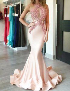 Brush Train Mermaid Prom Gown Peach Halter Top Satin Sleeveless With Train Zipper