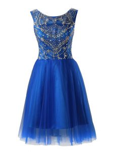 Scoop Sleeveless Prom Gown Mini Length Beading Royal Blue Tulle