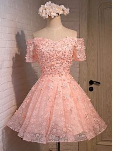 Elegant Off the Shoulder Sleeveless Mini Length Appliques Lace Up with Peach