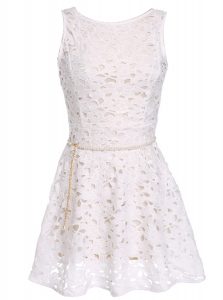 White A-line Lace Scoop Sleeveless Lace and Belt Mini Length Zipper Hoco Dress