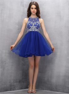 A-line Prom Dress Royal Blue Scoop Organza Sleeveless Mini Length Zipper