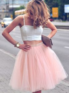 Pink And White A-line Spaghetti Straps Sleeveless Tulle Mini Length Zipper Ruffles Prom Party Dress