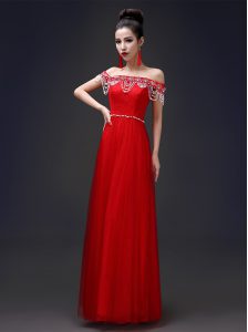 Great Off the Shoulder Floor Length Lace Up Prom Gown Red for Prom and Party with Beading