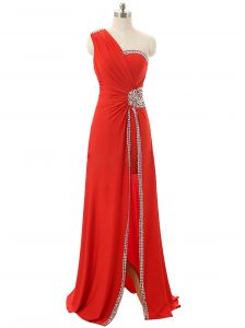 Red A-line Chiffon One Shoulder Sleeveless Beading and Ruching Floor Length Zipper Prom Gown