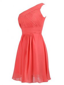 One Shoulder Watermelon Red Sleeveless Ruffles Knee Length Mother Of The Bride Dress