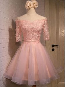 Peach Homecoming Dress Prom and For with Appliques Off The Shoulder Short Sleeves Lace Up