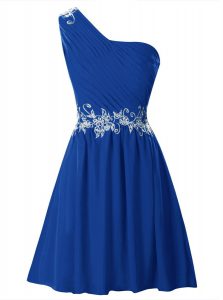Romantic One Shoulder Sleeveless Chiffon Mini Length Zipper Dress for Prom in Royal Blue with Appliques and Ruffles