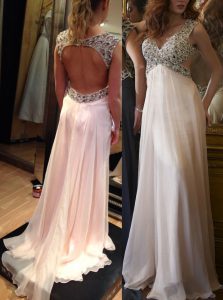 Hot Selling Pink A-line Chiffon V-neck Sleeveless Ruching Backless Prom Gown Brush Train