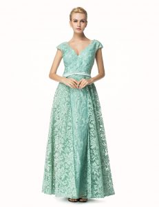 Sumptuous Turquoise Zipper V-neck Pleated Mother Of The Bride Dress Lace Cap Sleeves