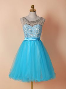 On Sale Blue A-line Tulle Scoop Sleeveless Beading and Lace Knee Length Zipper Prom Party Dress