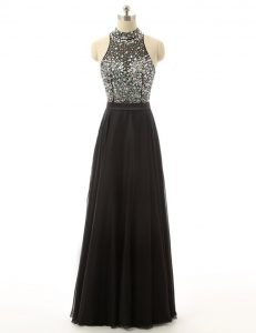 Sleeveless Tulle Floor Length Backless Evening Dress in Black with Beading