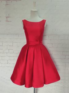 Chic Red A-line Bateau Sleeveless Satin Knee Length Backless Ruching and Bowknot Prom Evening Gown