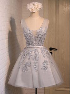 Beading and Appliques Dress for Prom Grey Lace Up Sleeveless Mini Length