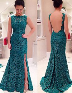Custom Design Teal Mermaid Lace Scalloped Sleeveless Lace Floor Length Backless Prom Evening Gown