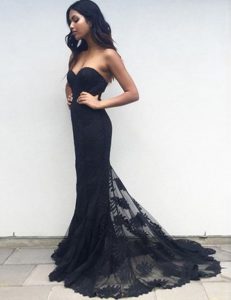 Affordable Mermaid Lace Sweetheart Sleeveless Brush Train Zipper Appliques Homecoming Dress in Black