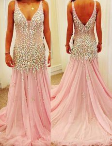 Mermaid Pink Tulle Zipper Prom Evening Gown Sleeveless Court Train Beading