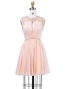 Most Popular Peach A-line Chiffon Scoop Sleeveless Beading and Pleated Mini Length Zipper Runway Inspired Dress
