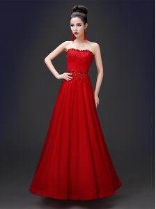 Red A-line Beading and Appliques Prom Evening Gown Lace Up Chiffon Sleeveless Floor Length