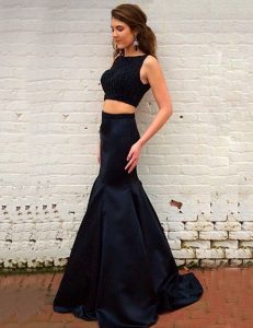 Fashionable Black Two Pieces Bateau Sleeveless Elastic Woven Satin Brush Train Zipper Ruching Homecoming Dress