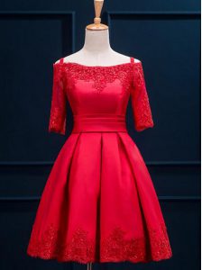 Off the Shoulder Half Sleeves Mini Length Appliques and Pleated Lace Up Formal Evening Gowns with Red