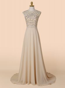 Deluxe Scoop Backless With Train Champagne Prom Gown Chiffon Brush Train Sleeveless Beading