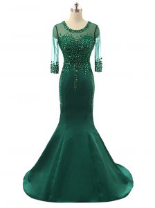 Sophisticated Mermaid Scoop Beading Mother Of The Bride Dress Green Zipper 3 4 Length Sleeve Brush Train
