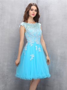 Scoop Blue Cap Sleeves Beading and Appliques Knee Length Celeb Inspired Gowns