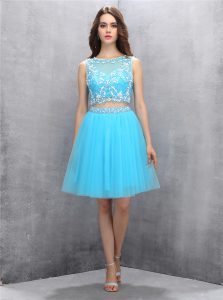 Elegant Blue A-line Scoop Sleeveless Organza Knee Length Backless Beading Evening Dress