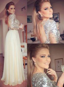Backless Floor Length Champagne Celebrity Inspired Dress Chiffon Long Sleeves Sequins