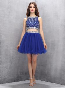Simple Scoop Royal Blue Side Zipper Prom Gown Beading Sleeveless Mini Length