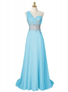 Artistic One Shoulder Beading Mother Of The Bride Dress Aqua Blue Side Zipper Sleeveless With Brush Train