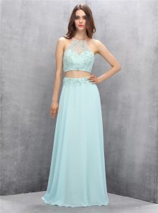 Beautiful Halter Top Sleeveless Chiffon Floor Length Zipper Dress for Prom in Light Blue with Beading
