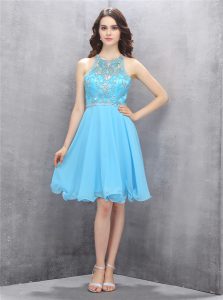 Modest Scoop Blue Sleeveless Chiffon Criss Cross Homecoming Dress for Prom and Party